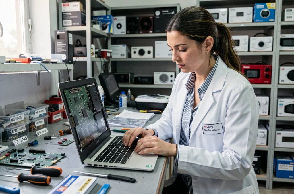 Technicienne de Déclic-informatique réparant un ordinateur portable toutes marques dans son atelier à Plaissan