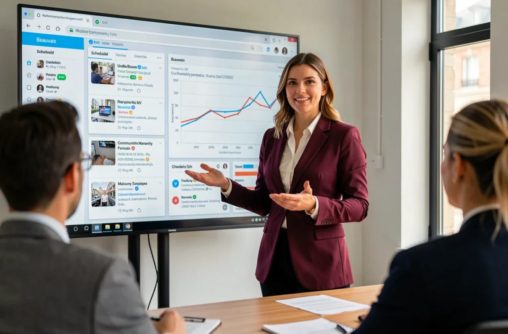 Community manager de Ferreira présentant une stratégie de communication digitale à Beauvais