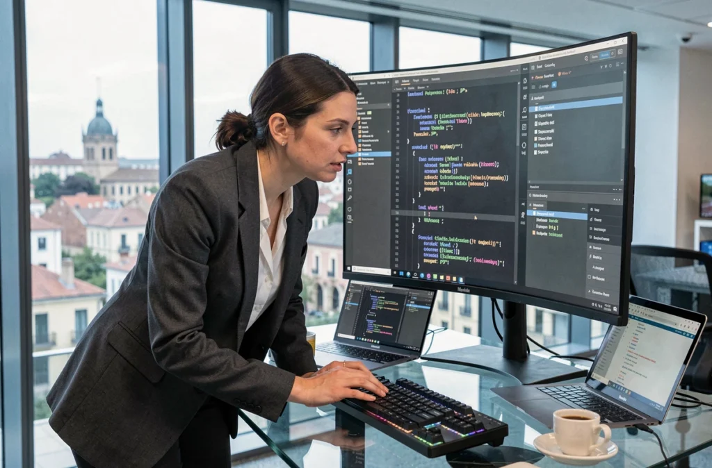 Ingénieure de l'agence Hexium développant un projet web sur mesure WordPress dans un bureau moderne à Toulouse