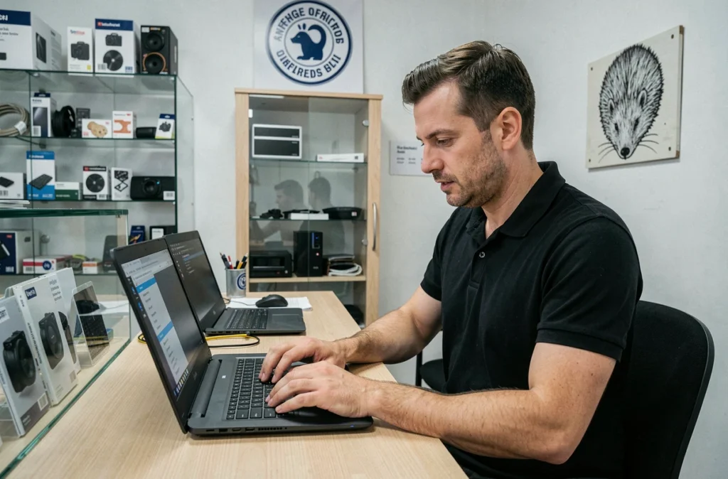 Technicien d'Informaty finalisant la configuration logicielle d'un ordinateur portable dans une boutique informatique du Finistère