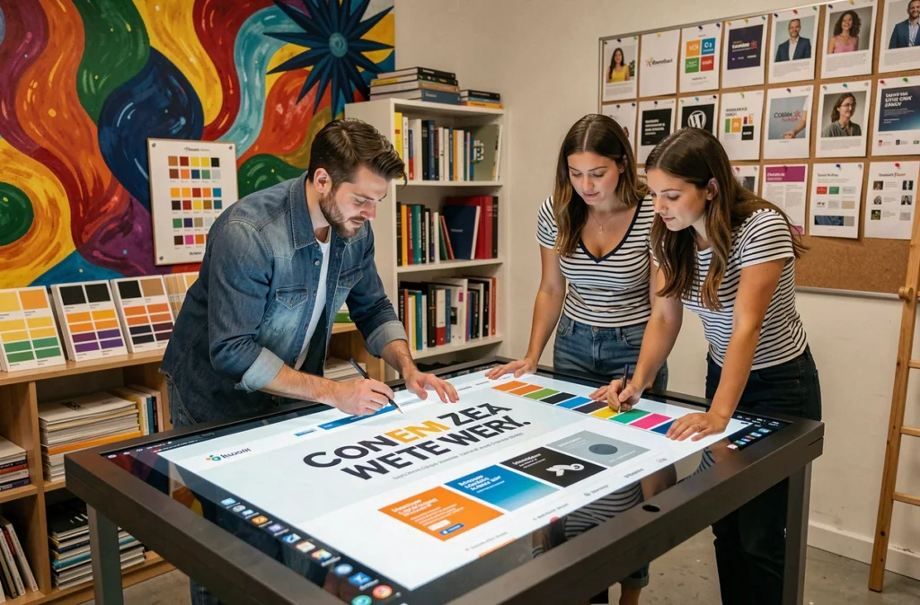 Duo créatif de KWALT composé d'un graphiste et d'une développeuse WordPress collaborant sur un design de site à Toulouse