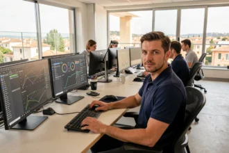 Technicien informatique professionnel dans un bureau moderne travaillant sur plusieurs écrans affichant des diagnostics réseau dans l'Hérault