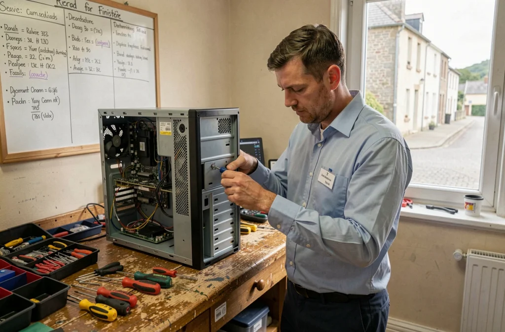 Technicien de Max Répar'Info remontant un ordinateur de bureau après réparation dans un atelier du Finistère