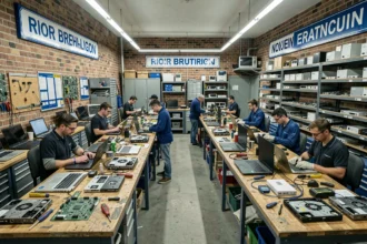 Atelier de réparation informatique professionnel dans le Finistère avec plusieurs techniciens travaillant sur des ordinateurs