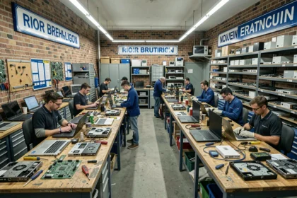 Atelier de réparation informatique professionnel dans le Finistère avec plusieurs techniciens travaillant sur des ordinateurs