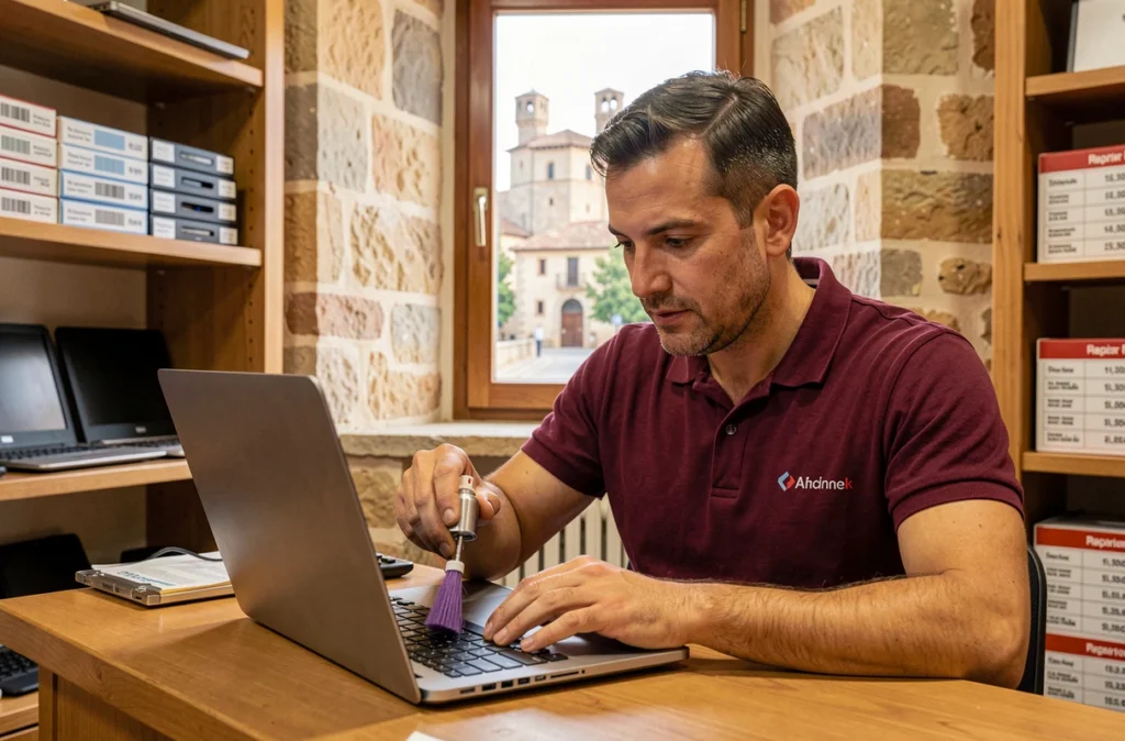 Technicien Micro Expert nettoyant un ordinateur portable dans sa boutique à Avignon avec le Palais des Papes en arrière-plan