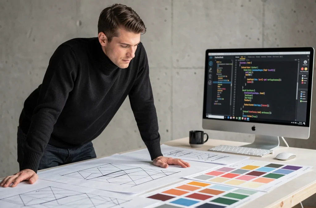 Designer de l'agence Oscar Black dans l'Oise créant un site web sur mesure avec des maquettes imprimées