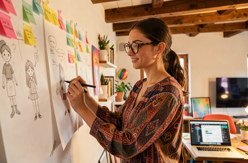 Productrice web créative de Piou Piou Prod esquissant un storyboard pour un projet WordPress dans un studio coloré à Toulouse