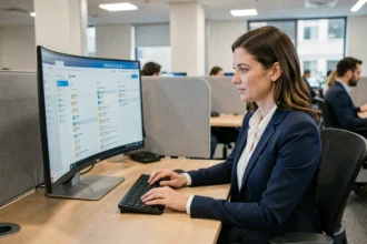 Professionnelle en entreprise consultant son webmail HCL sur un écran d'ordinateur dans un open-space moderne