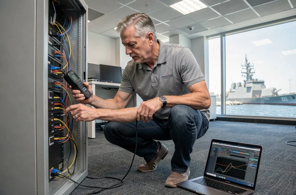 Technicien Provence Informatique Services effectuant un audit réseau dans un bureau à Toulon avec vue sur le port