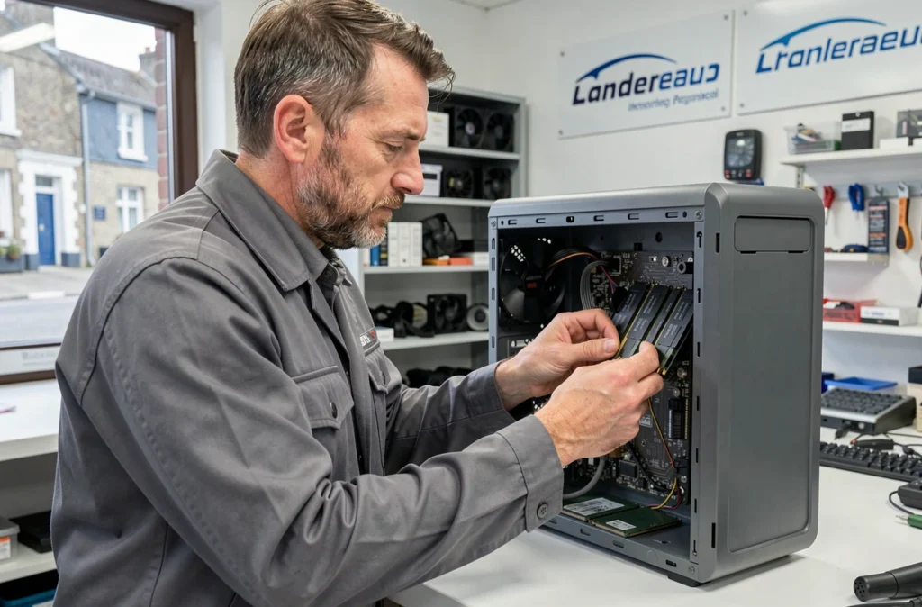 Technicien de SC Micro Landerneau remplaçant des barrettes RAM dans un PC de bureau dans son atelier à Landerneau