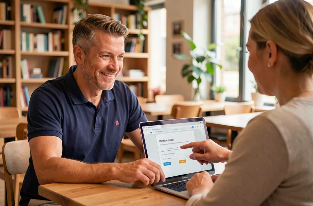 Consultant de Siteinternetpourtous expliquant une offre web accessible à un entrepreneur dans l'Oise