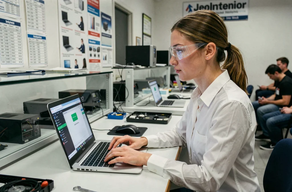 Technicienne de Sos Depanne PC effectuant un diagnostic informatique sur un ordinateur portable dans une boutique du Finistère