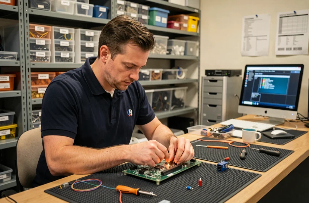 Technicien de SOS PC 29 CRPB soudant un circuit électronique dans un atelier informatique professionnel à Brest
