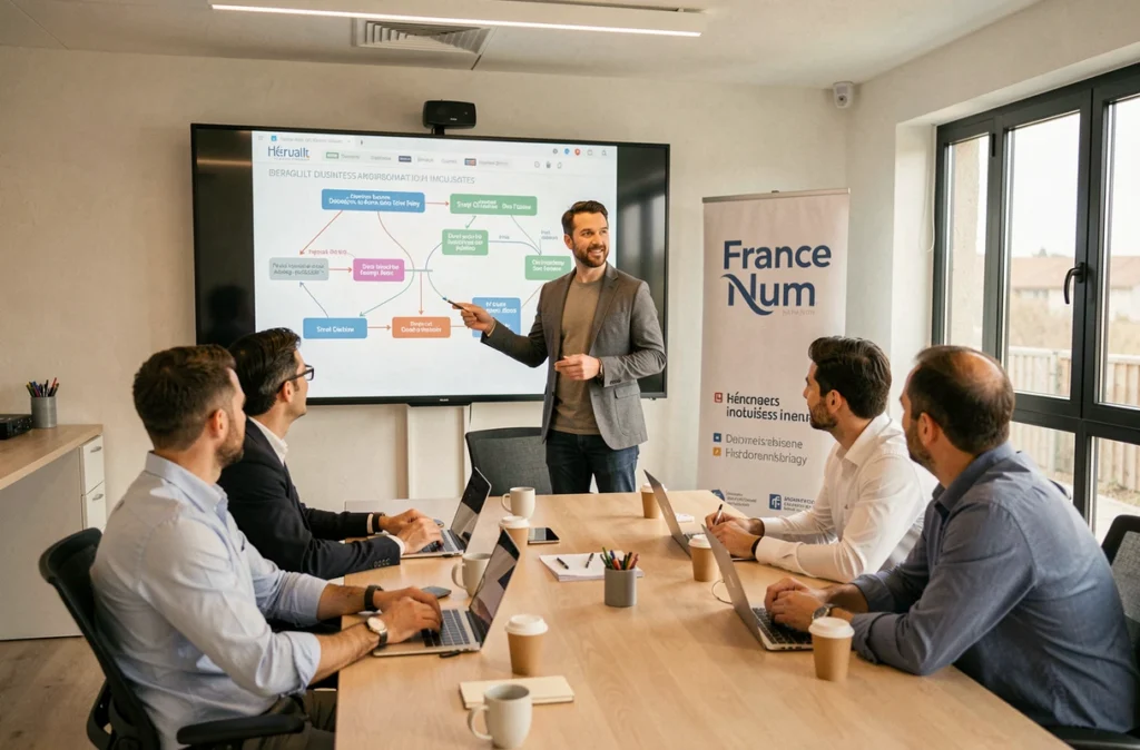 Conseiller de SYS Project présentant une stratégie de transformation numérique France Num à des entreprises de l'Hérault