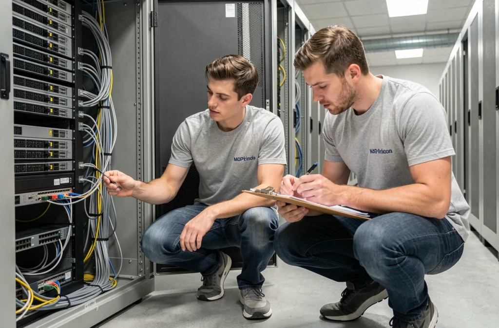 Ingénieurs de Team BNG configurant un réseau informatique et câblant une armoire réseau professionnelle