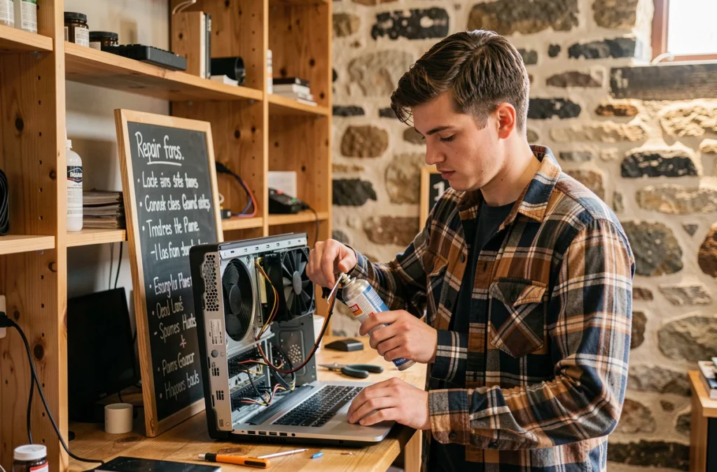 Jeune technicien de Ty PC nettoyant le ventilateur interne d'un ordinateur portable dans une boutique artisanale du Finistère