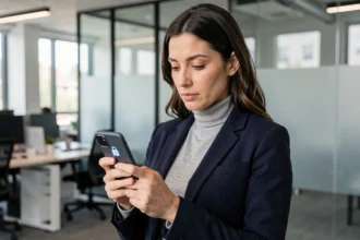 Femme en blazer marine tenant un smartphone affichant une icône de cadenas symbolisant le chiffrement et la protection des données personnelles