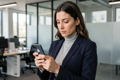 Femme en blazer marine tenant un smartphone affichant une icône de cadenas symbolisant le chiffrement et la protection des données personnelles