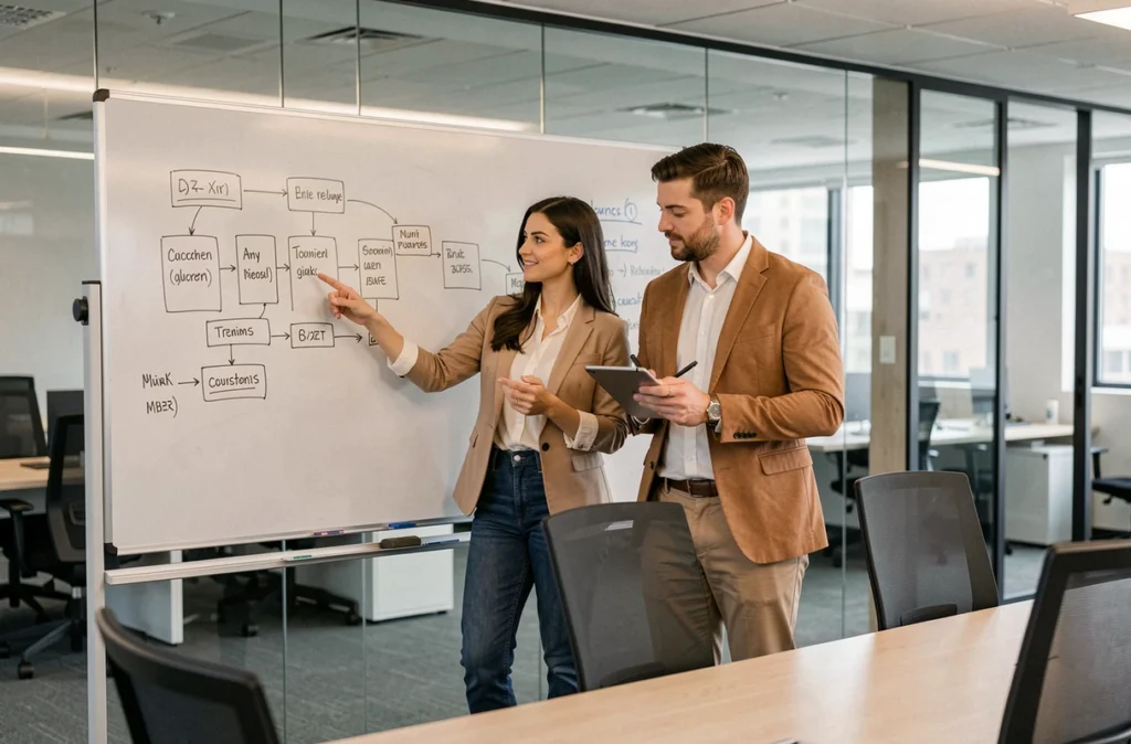 Deux collègues collaborant sur la conception de modèles de documents professionnels devant un tableau blanc en salle de réunion