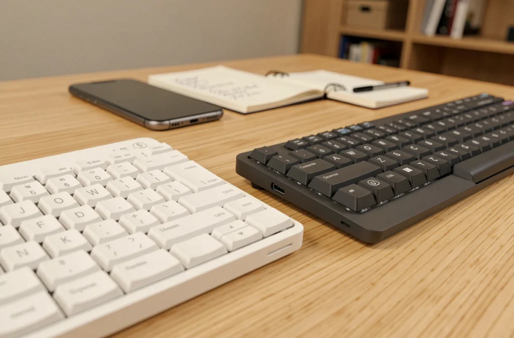 Comparaison de deux claviers sans fil côte à côte sur un bureau en bois clair avec accessoires de télétravail