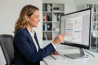 Femme professionnelle examinant un modèle de document structuré sur un écran d'ordinateur dans un bureau moderne