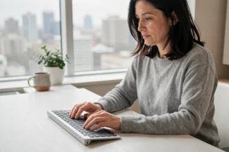Femme en télétravail tapant sur un clavier sans fil ergonomique dans un bureau à domicile moderne