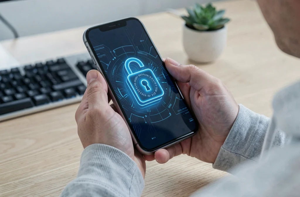 Gros plan de mains tenant un smartphone affichant une interface de chiffrement numérique pour protéger les données personnelles
