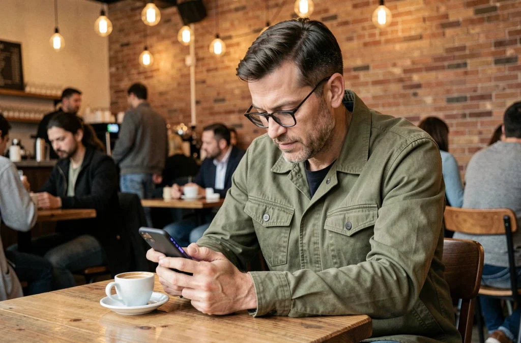 Homme dans un café consultant les paramètres de confidentialité de son smartphone pour sécuriser ses informations personnelles par chiffrement