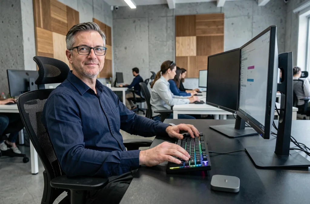 Homme en espace de coworking utilisant un clavier mécanique sans fil compact sur un bureau assis-debout