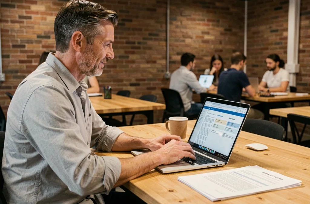 Homme d'affaires travaillant sur un modèle de document professionnel dans un espace de coworking moderne