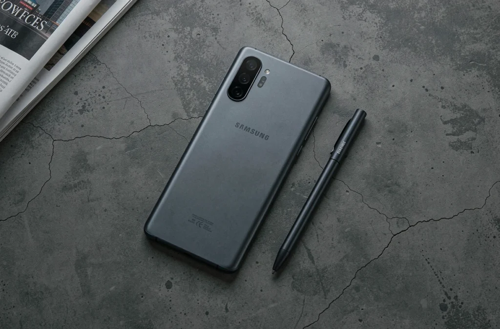 Smartphone Samsung de nouvelle génération posé sur béton avec stylet, vue de dessus illustrant le concept de retour du Samsung Note sous un nouveau nom en 2026