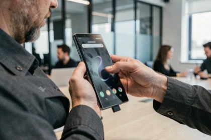 Homme tenant un smartphone Samsung haut de gamme avec stylet intégré dans un bureau moderne, illustrant le retour possible du Samsung Note en 2026